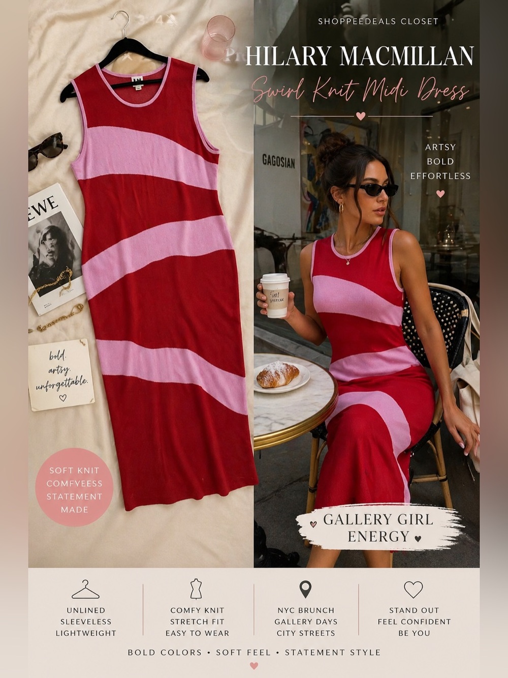 Hilary MacMillan Swirl Knit Midi Dress Red Pink Sleeveless Statement Dress